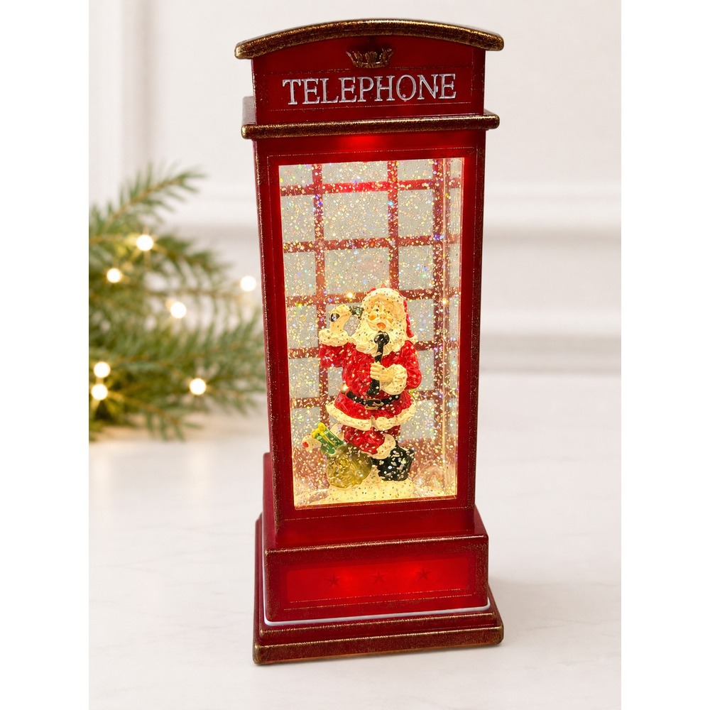 Transpac Everyday Is a Holiday Lighted Swirl Santa Phone Booth Water Globe 10"